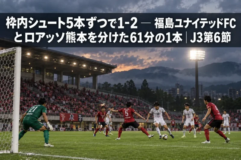 曇り空の下、照明に照らされたスタジアムのピッチで両チームがボールを競り合う場面。