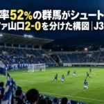 ナイターの照明に照らされたサッカースタジアムで攻め込む選手たちの様子。