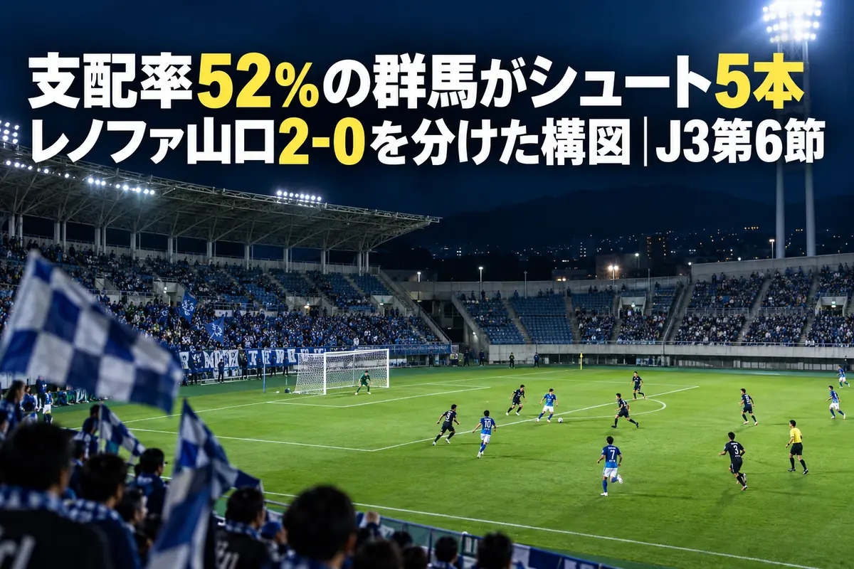 ナイターの照明に照らされたサッカースタジアムで攻め込む選手たちの様子。