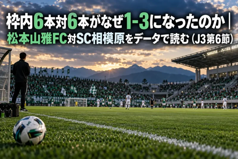 山あいのサッカースタジアムで行われる試合を客席側から捉えた風景写真。