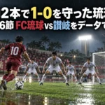 雨混じりのナイトゲームで、照明に照らされたピッチ上で守備陣が陣形を保つ場面のイメージ。