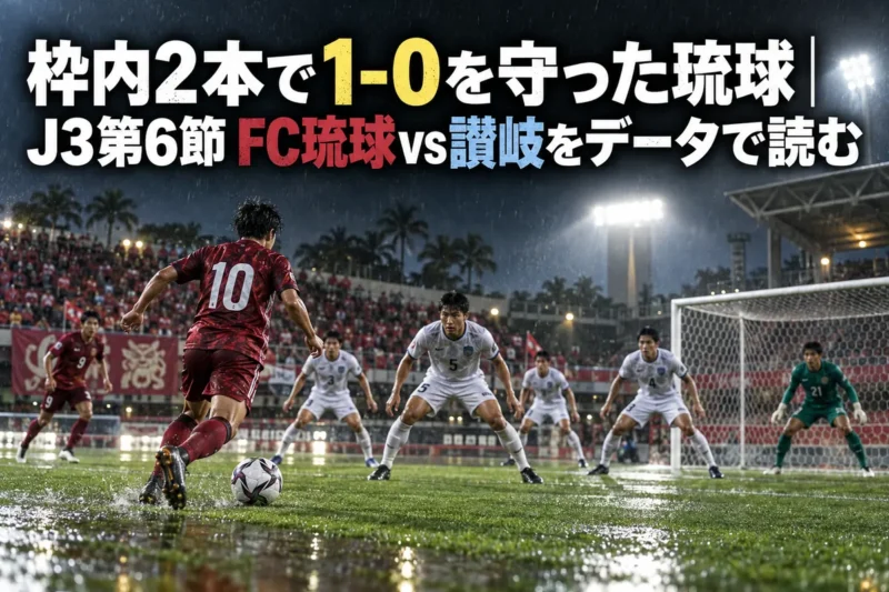 雨混じりのナイトゲームで、照明に照らされたピッチ上で守備陣が陣形を保つ場面のイメージ。