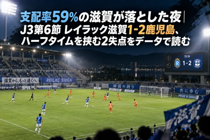 ナイターのスタジアムで、攻め込むホームチームと自陣で守るアウェイチームの選手たち。