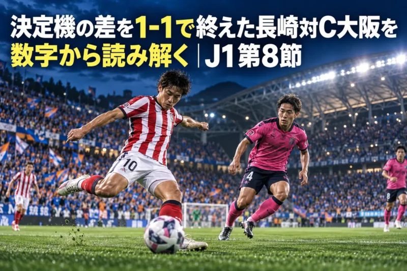 ナイトゲームのスタジアムでシュートを放つ選手と迫るディフェンダー