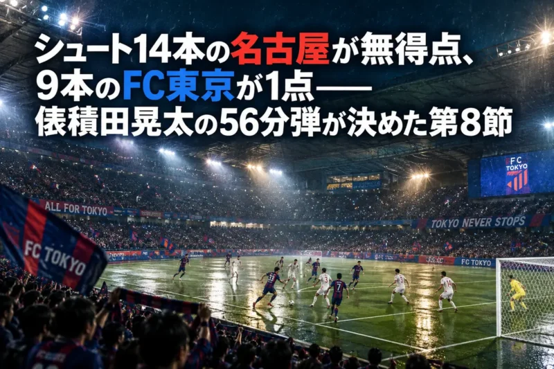 小雨の降る夜のスタジアムで、満員の観客席を背にボールを争う両チームの選手たち。