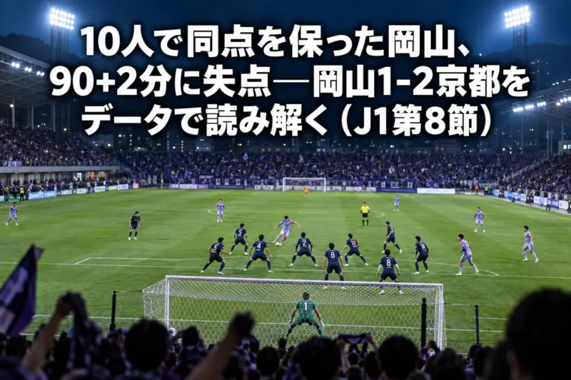 ナイターのスタジアムで、自陣ゴール前を固める守備側と押し込む攻撃側の選手たち。