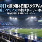 枠内5対1で振り返る日産スタジアムの2-0|横浜F・マリノス対水戸ホーリーホック 明治安田J1第8節データレビュー 雨上がりの夜、照明に照らされた大観衆のサッカースタジアムを高い位置から見た風景。
