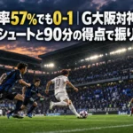 曇り空の下、観客席のあるスタジアムで終盤を迎えたサッカーの試合風景。