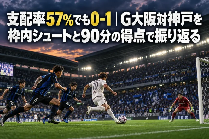 曇り空の下、観客席のあるスタジアムで終盤を迎えたサッカーの試合風景。