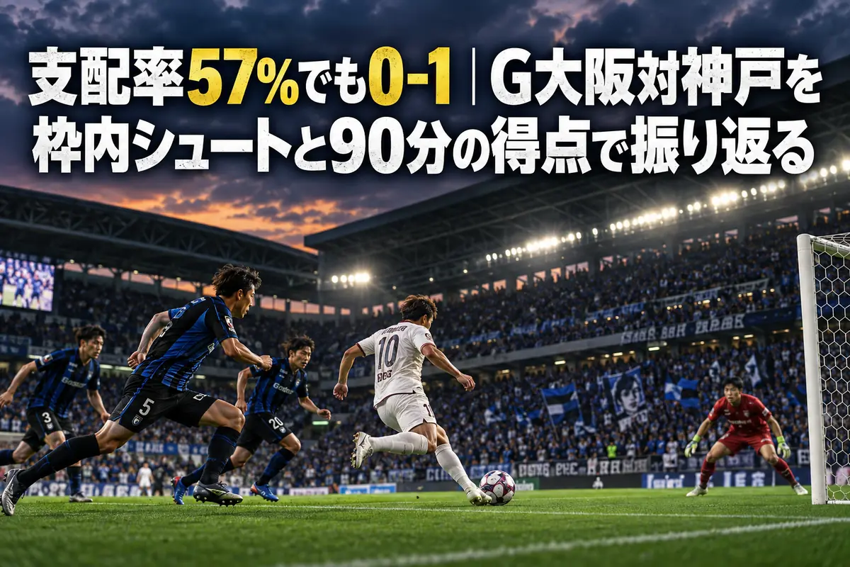 曇り空の下、観客席のあるスタジアムで終盤を迎えたサッカーの試合風景。