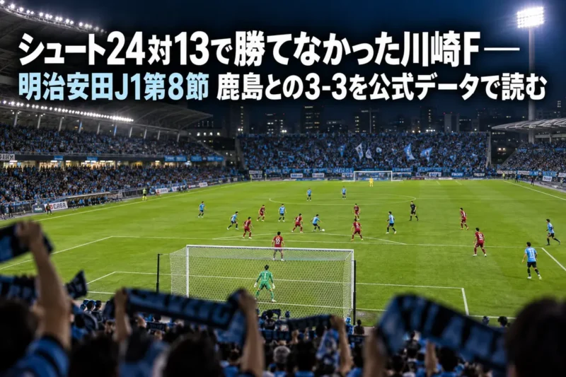 ナイターの照明に照らされたサッカースタジアムで、終盤に攻め込む場面を観客席側から見た様子。
