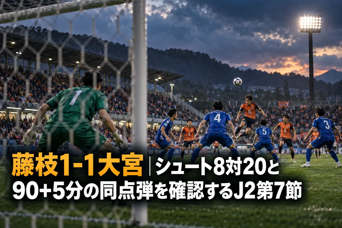 曇り空の下、ゴール前で攻め込む選手と守る選手がせめぎ合うJ2リーグの試合風景。