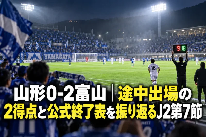 ナイターの照明に照らされたサッカースタジアムで、交代選手がタッチライン際からピッチへ入っていく場面。