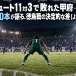 シュート11対3で敗れた甲府──枠内0本が語る、徳島戦の決定的な差【J2第7節】 ナイターのスタジアムでゴール前を守るGKと、ペナルティエリア外からシュートを狙う選手たち。