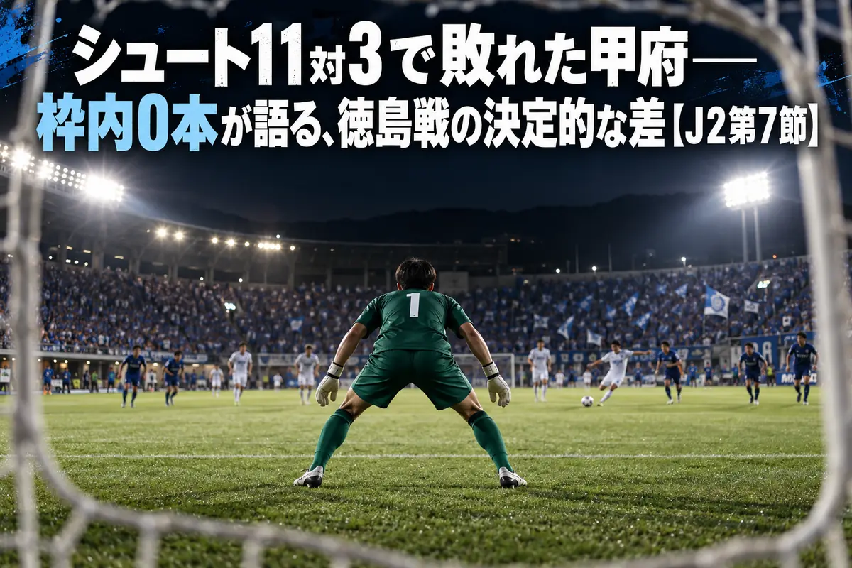 ナイターのスタジアムでゴール前を守るGKと、ペナルティエリア外からシュートを狙う選手たち。