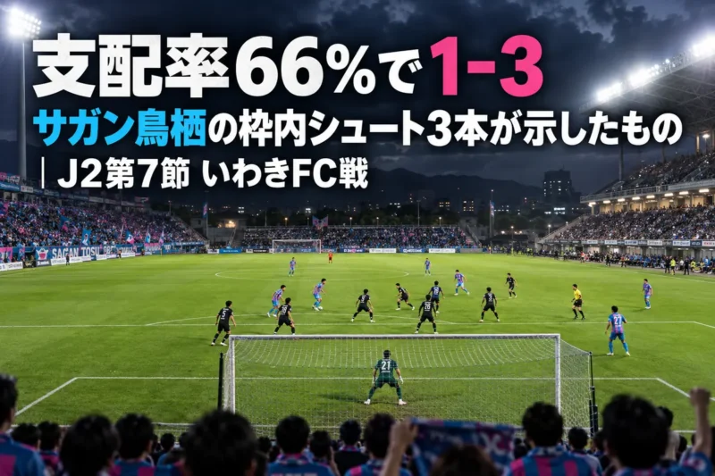 ナイターの照明に照らされたスタジアムで、ペナルティエリア付近に密集して攻防を繰り広げるサッカー選手たち。