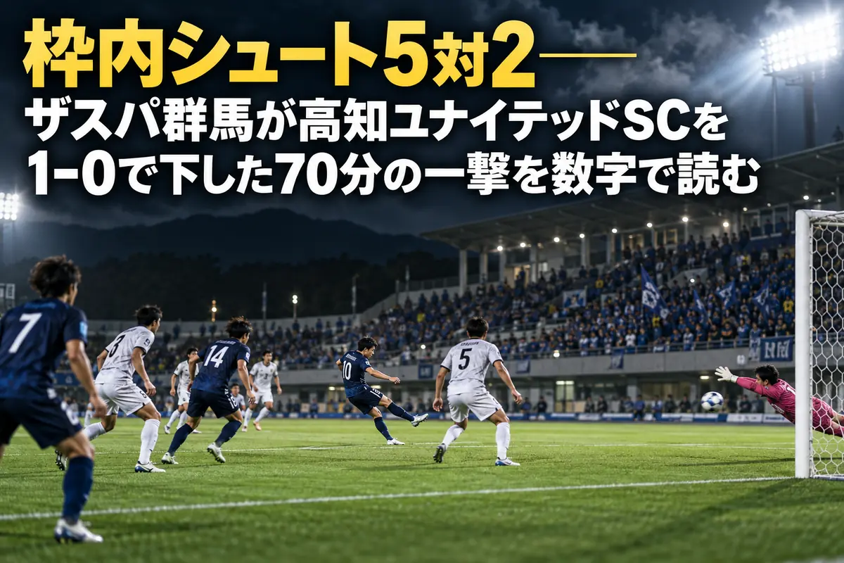 ナイターの照明に照らされたスタジアムで、ゴール前にシュートが飛ぶ場面
