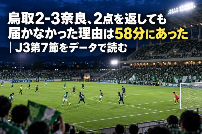 ナイターの照明に照らされたサッカースタジアムのピッチで両チームの選手が競り合う様子。