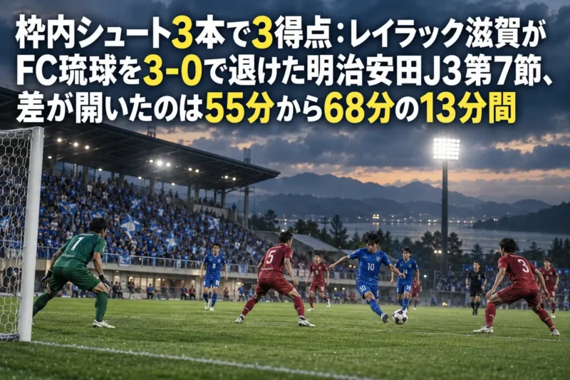曇り空の下、照明に照らされたサッカースタジアムのピッチで攻防する選手たち。