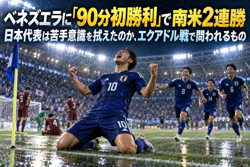 夜のスタジアムで終盤の決勝ゴールを喜ぶ青いユニフォームのストライカー
