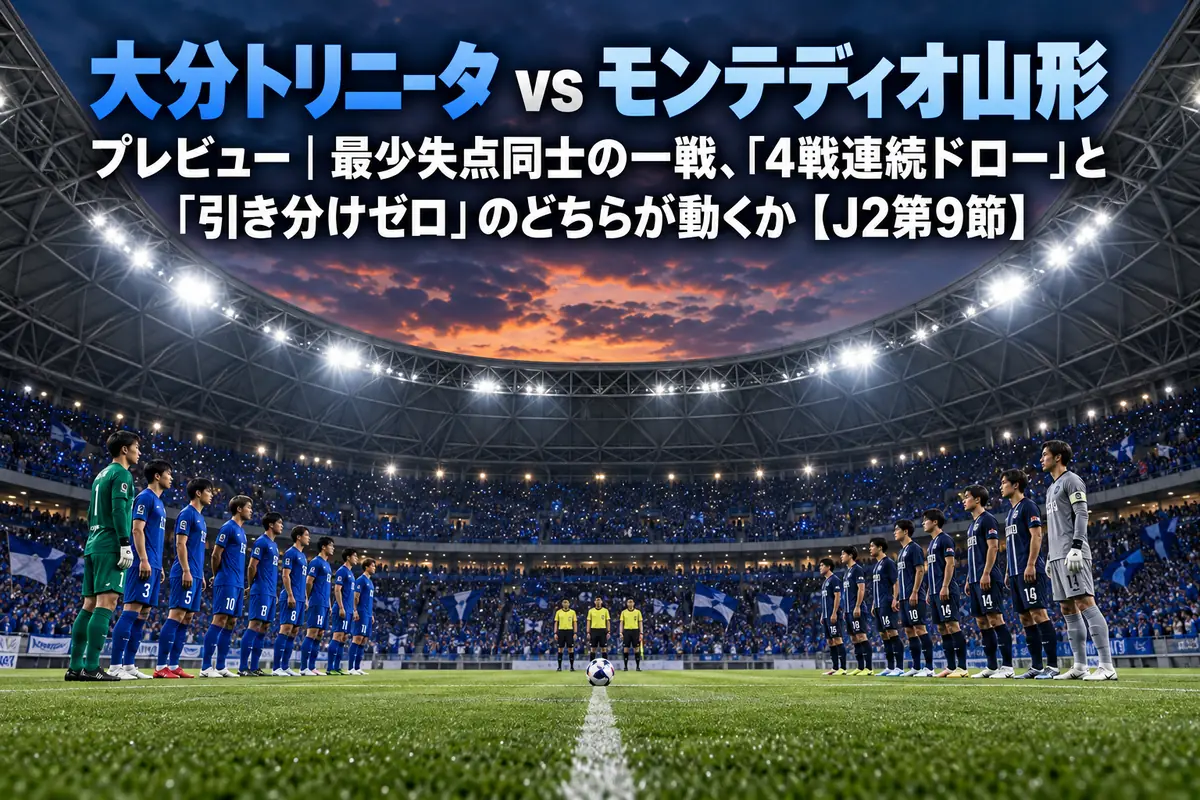 夕暮れのドーム型スタジアムで両チームがキックオフを待つ様子