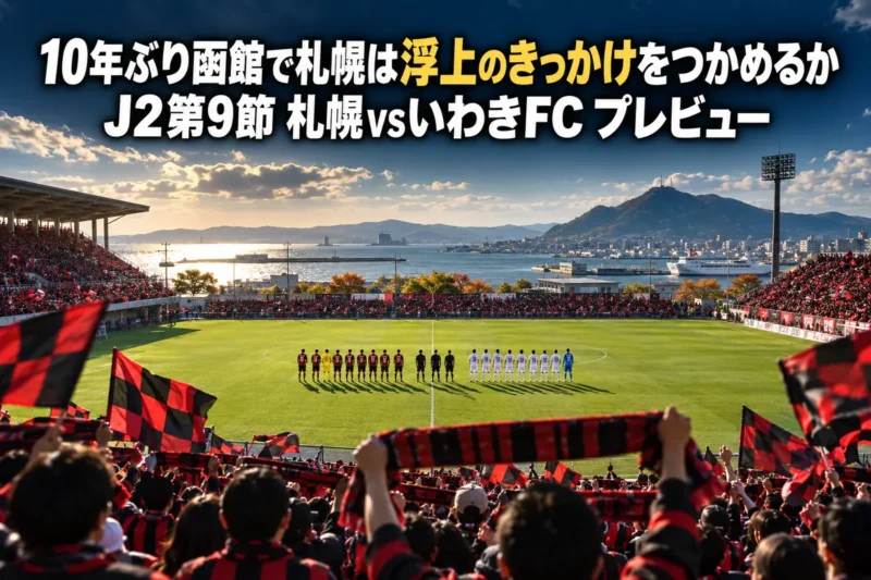 秋の午後、函館のスタジアムで試合開始を待つピッチとスタンドの様子