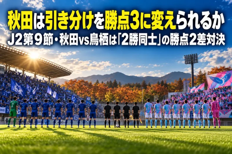 秋の午後、キックオフを待つスタジアムのピッチと両チームの選手たち
