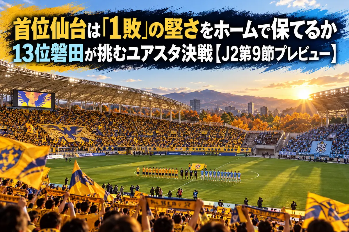 秋の午後、キックオフを待つサッカースタジアムの様子