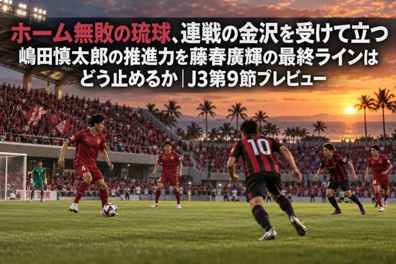 夕暮れの沖縄のスタジアムで行われるサッカーの試合のイメージ