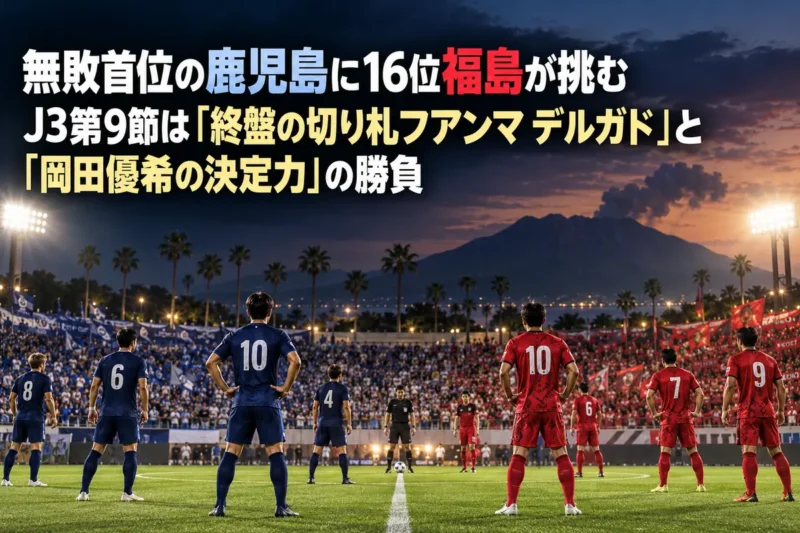 夜の照明に照らされたスタジアムで、キックオフを待つ両チームの選手たち