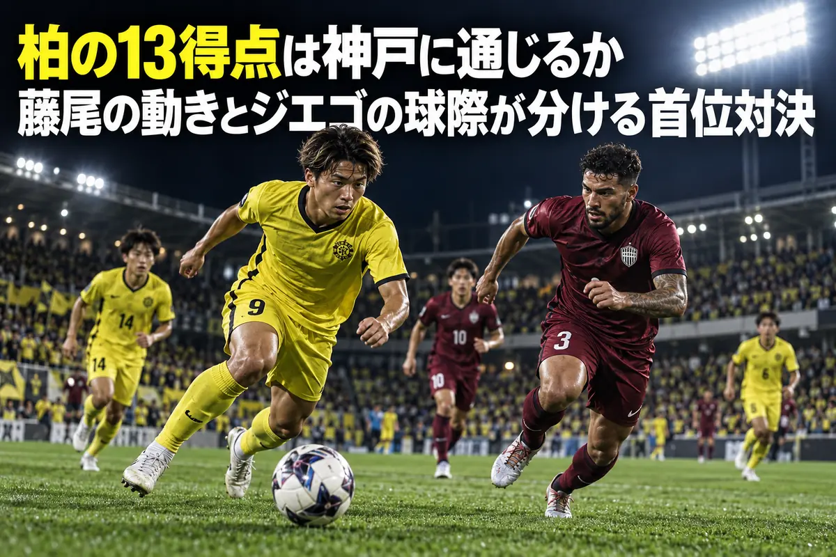 夜のサッカースタジアムで黄色と深紅のユニフォームの選手がボールを争うイメージ。