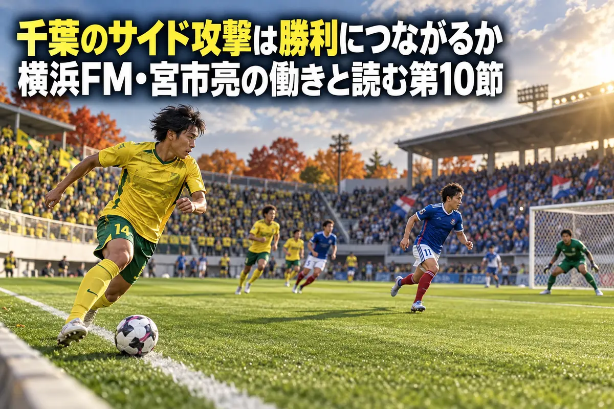 秋のサッカースタジアムで黄色と青のユニフォームの選手が攻撃するイメージ。