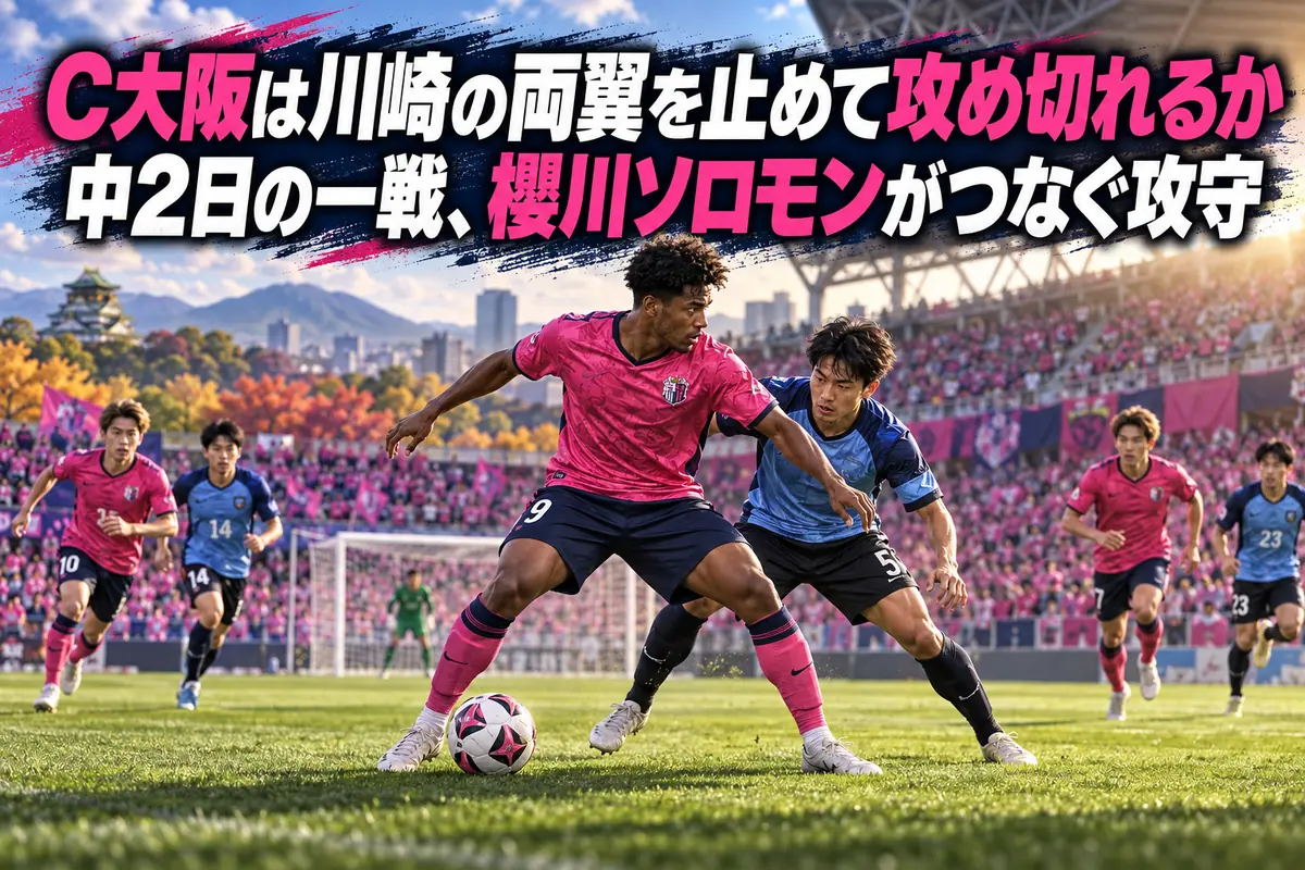 ピンクと青のユニフォームの選手が前線でボールを争うサッカーのイラスト。