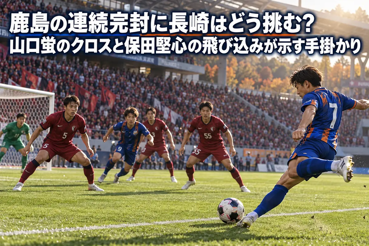 右からクロスを送る長崎の攻撃と、ゴール前で対応する鹿島の守備を表したイメージ。