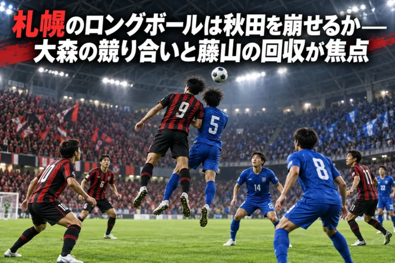 前線の競り合いとこぼれ球を狙う中盤の選手を描いたサッカーのイメージ。