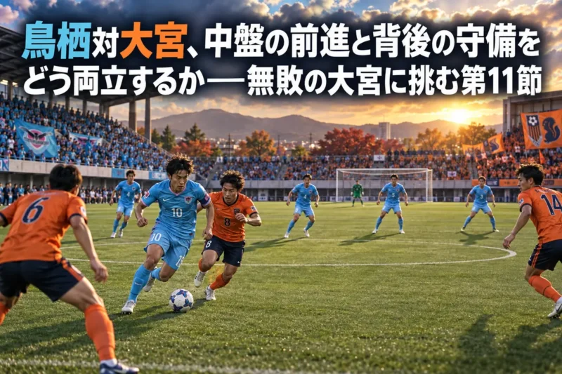 中盤で競り合う選手と高い最終ラインの背後を描いた鳥栖対大宮のプレビュー用イラスト。