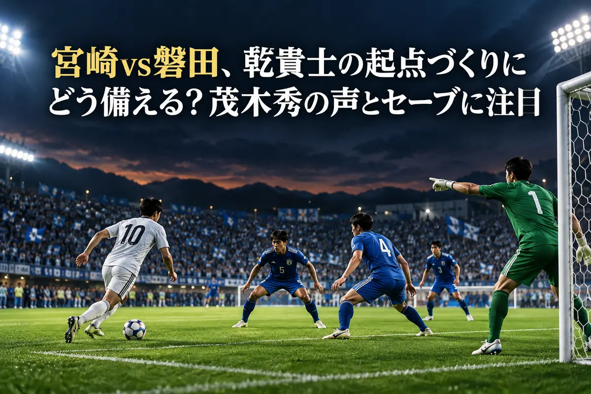 ナイターのピッチで攻撃に備えて守備陣へ指示を送るゴールキーパーのイメージ。
