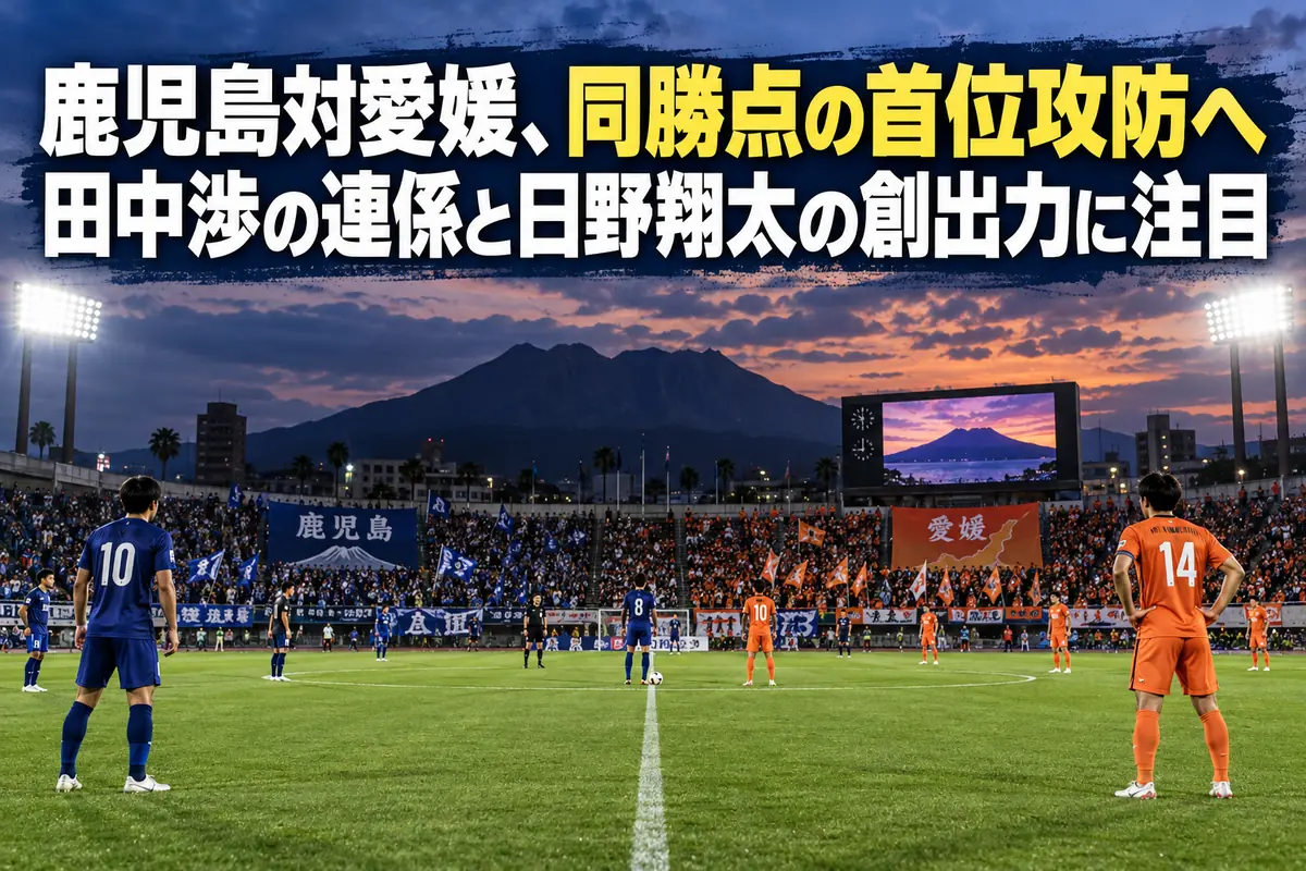 照明がともる夕方のサッカースタジアムでキックオフを待つ選手たちのイメージ。