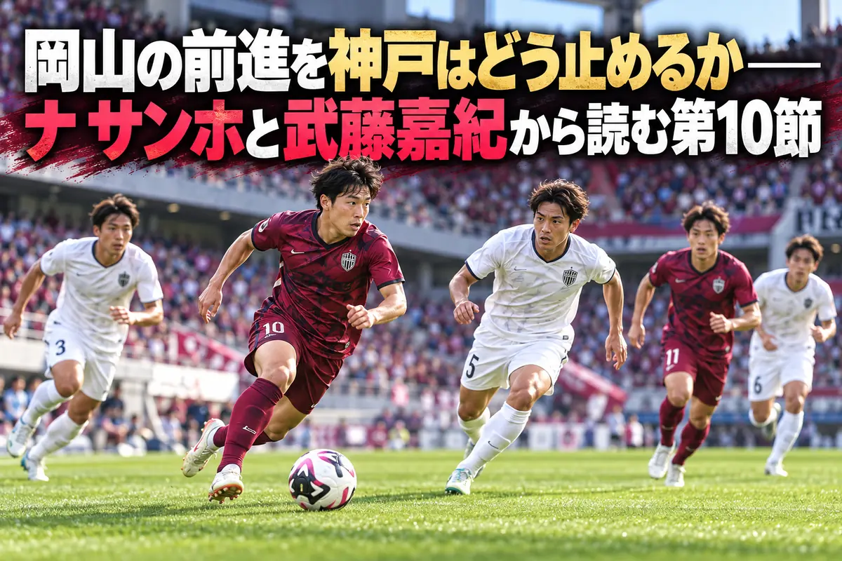 前へボールを運ぶ選手と、プレスや戻る守備で対応する相手選手を描いたサッカーのイメージ。