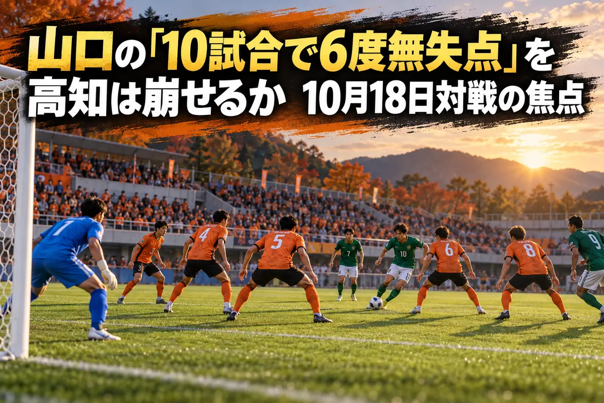 オレンジ色の守備陣と緑色の攻撃陣がゴール前で向き合うサッカーのイメージ。