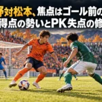 ゴール前で競り合うオレンジと緑のユニフォームの選手を描いたイラスト。