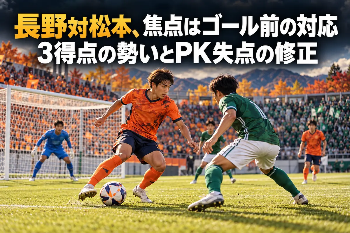 ゴール前で競り合うオレンジと緑のユニフォームの選手を描いたイラスト。