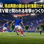 夜のスタジアムで青と緑の両チームがゴール前の攻防に備えるイメージ。