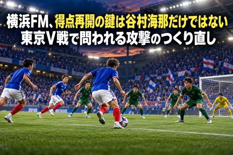 夜のスタジアムで青と緑の両チームがゴール前の攻防に備えるイメージ。