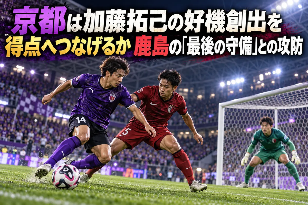 紫の攻撃陣と赤の守備陣がゴール前で競り合うナイトゲームのイメージ。