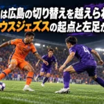 ボールを収めるオレンジの攻撃選手と対応する紫の守備選手を描いたイメージ。