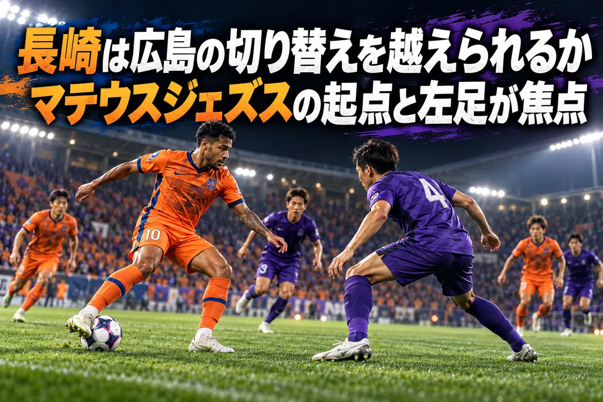 ボールを収めるオレンジの攻撃選手と対応する紫の守備選手を描いたイメージ。