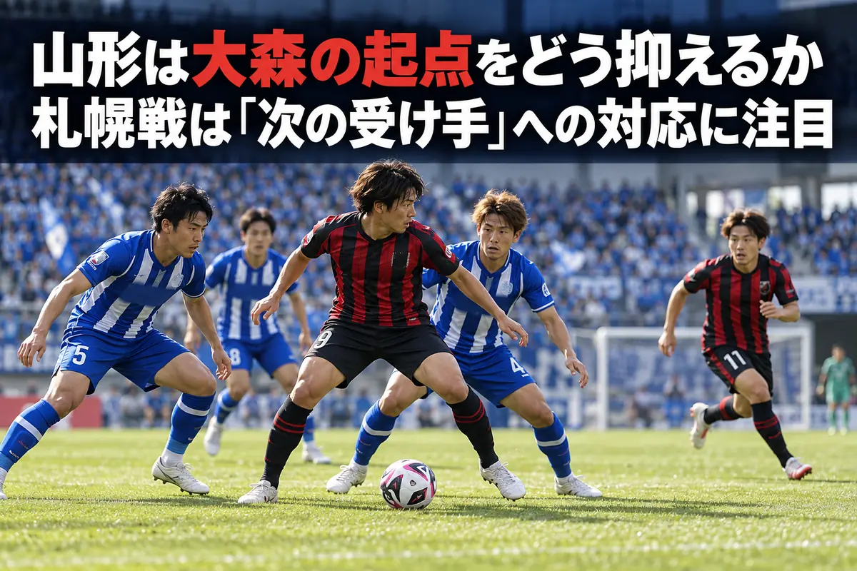 青い守備陣に対し赤黒の攻撃陣が前線でボールをつなぐサッカーのイメージ。