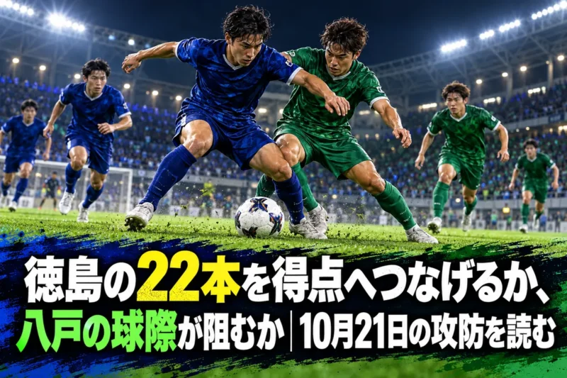 夜のスタジアムで青と緑のユニフォームの選手がこぼれ球を競り合うイメージ。