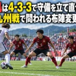 福島は4-3-3で守備を立て直せるか 北九州戦で問われる布陣変更の先 昼のサッカースタジアムで相手の攻撃に備えて守備位置を整える選手たち。